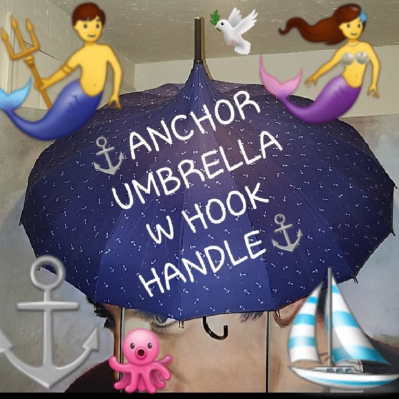 Tatyana Retro Nautical Blue Parasol Umbrella White Anchors Red Stars Hook Handle - Picture 3 of 11